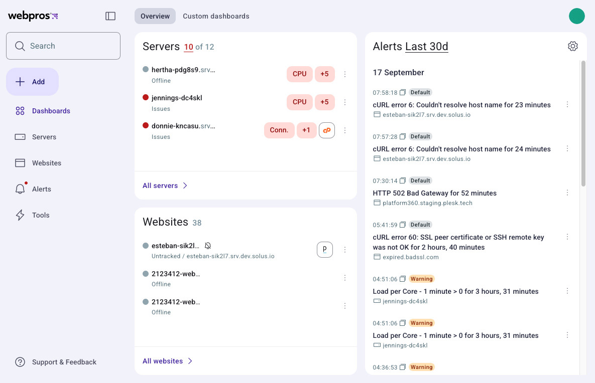 WebPros Dashboard Interface